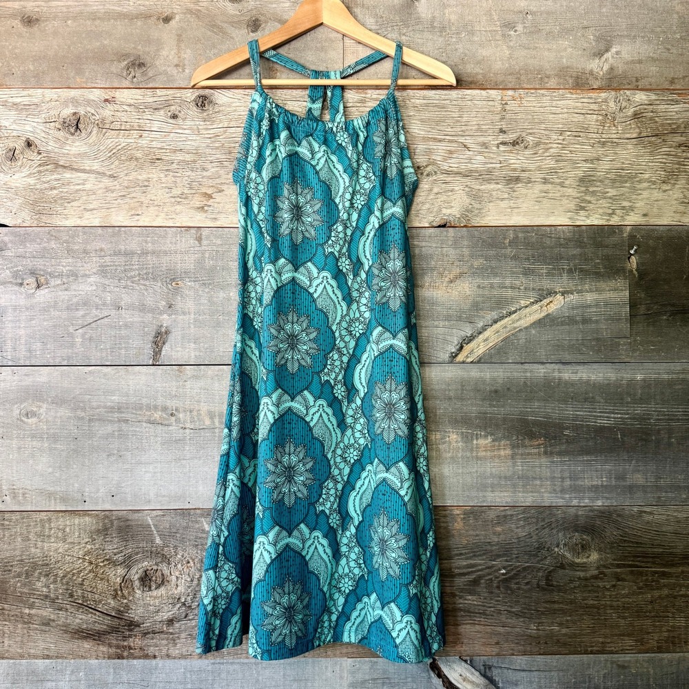 Prana Quinn Breathe Halter Dress M Teal Mandala Gorpcore Athletic Sport Active